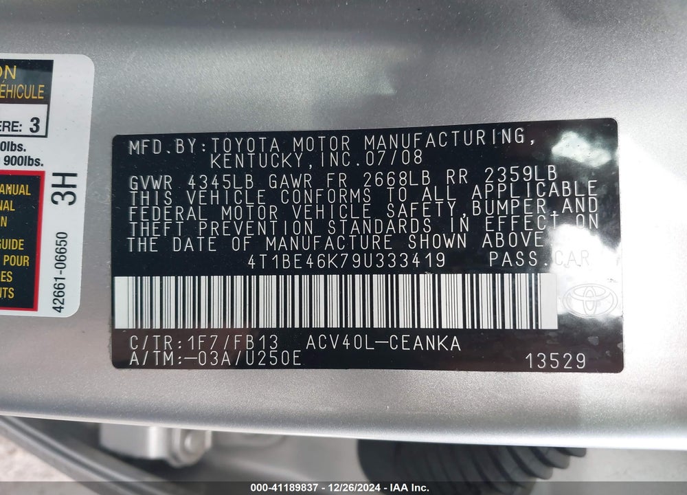 2009 TOYOTA CAMRY LE VIN: 4T1BE46K79U333419