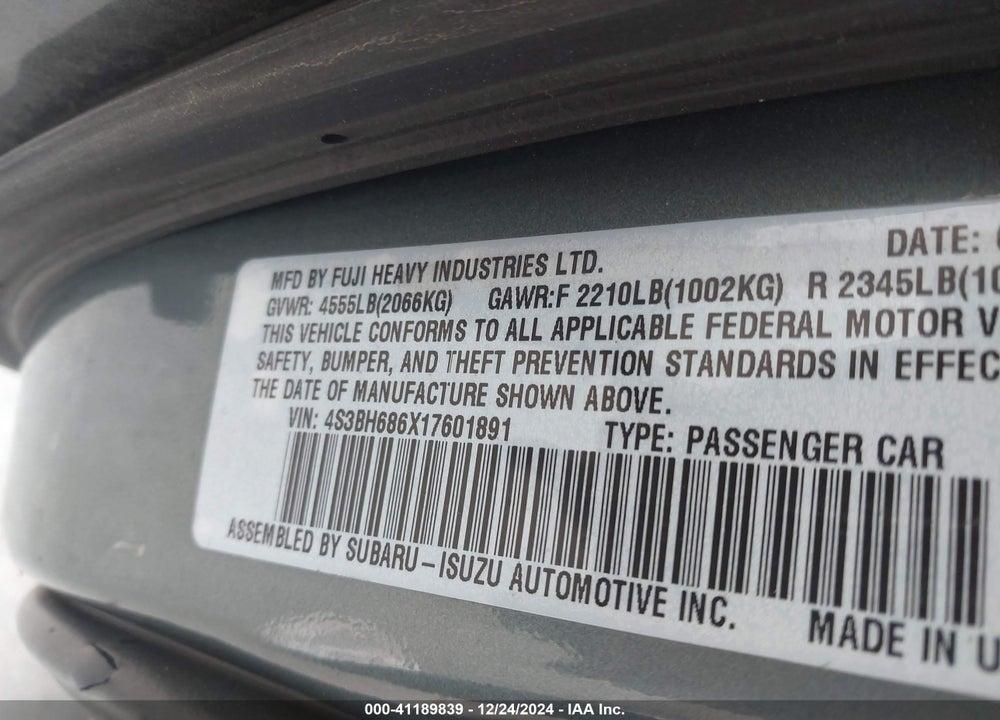 2001 SUBARU OUTBACK LIMITED VIN: 4S3BH686X17601891