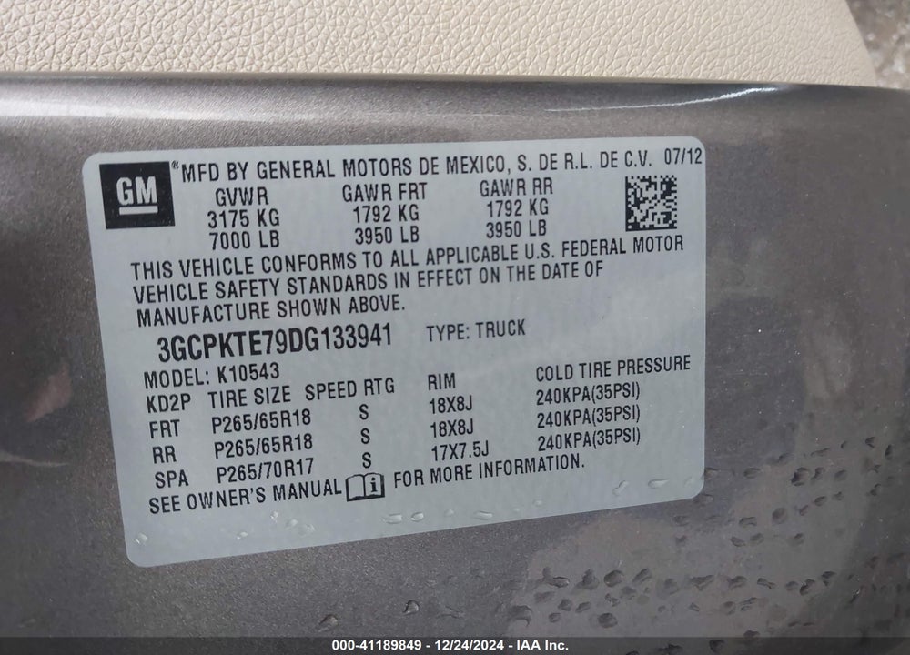 2013 CHEVROLET SILVERADO 1500 LTZ VIN: 3GCPKTE79DG133941