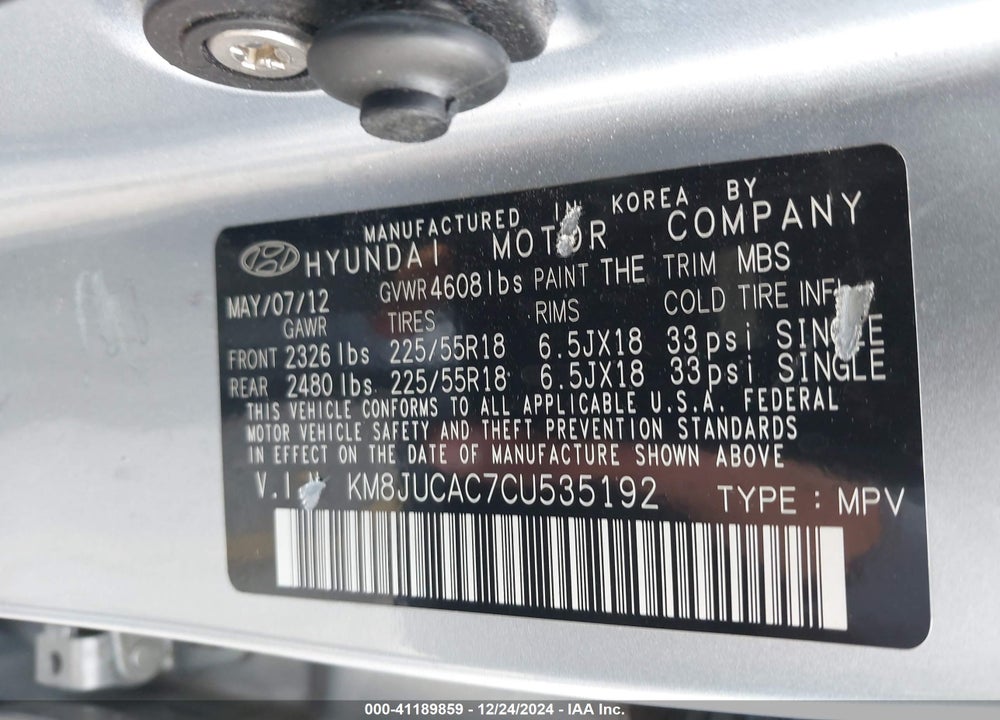 2012 HYUNDAI TUCSON LIMITED VIN: KM8JUCAC7CU535192