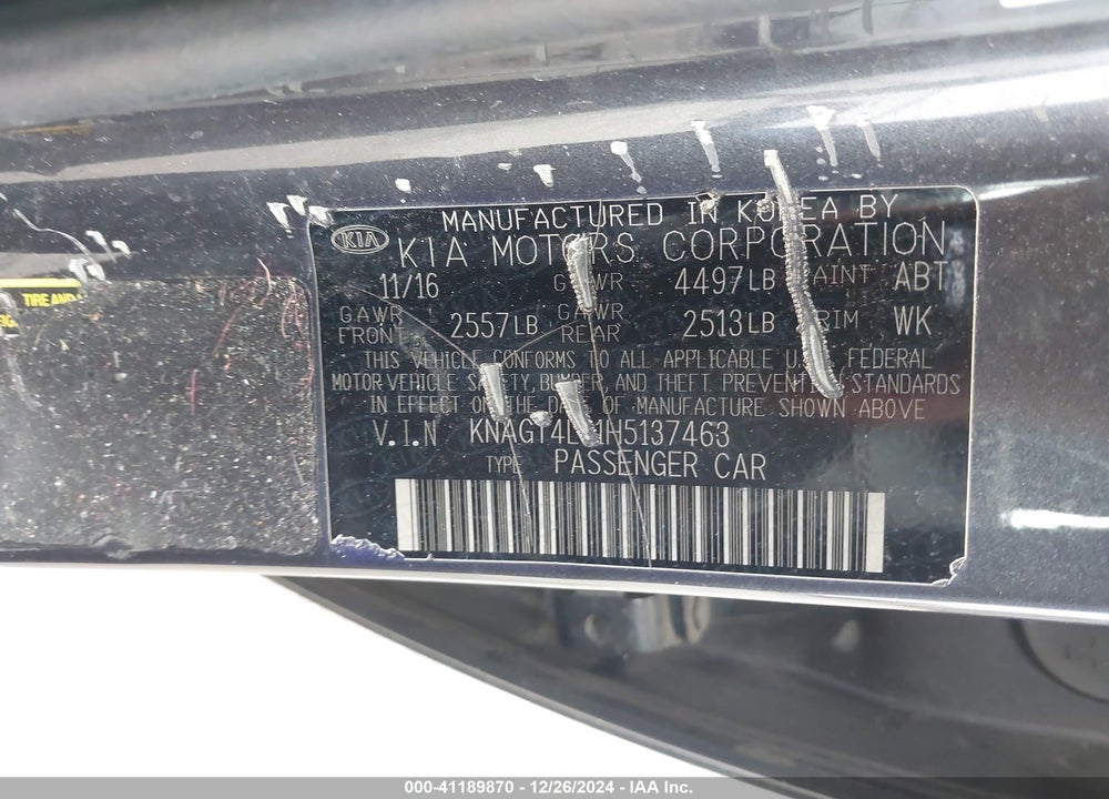 2017 KIA OPTIMA VIN: KNAGT4L31H5137463
