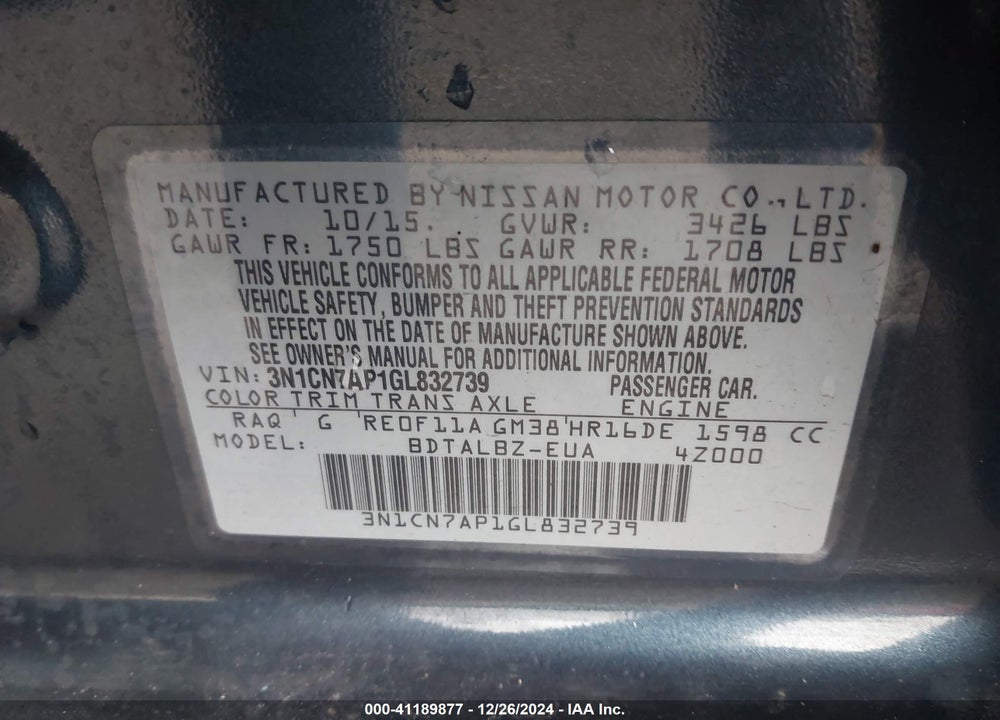 2016 NISSAN VERSA 1.6 SV VIN: 3N1CN7AP1GL832739