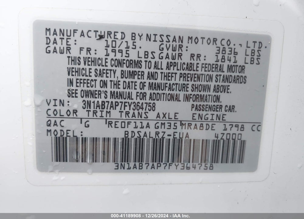 2015 NISSAN SENTRA VIN: 3N1AB7AP7FY364758