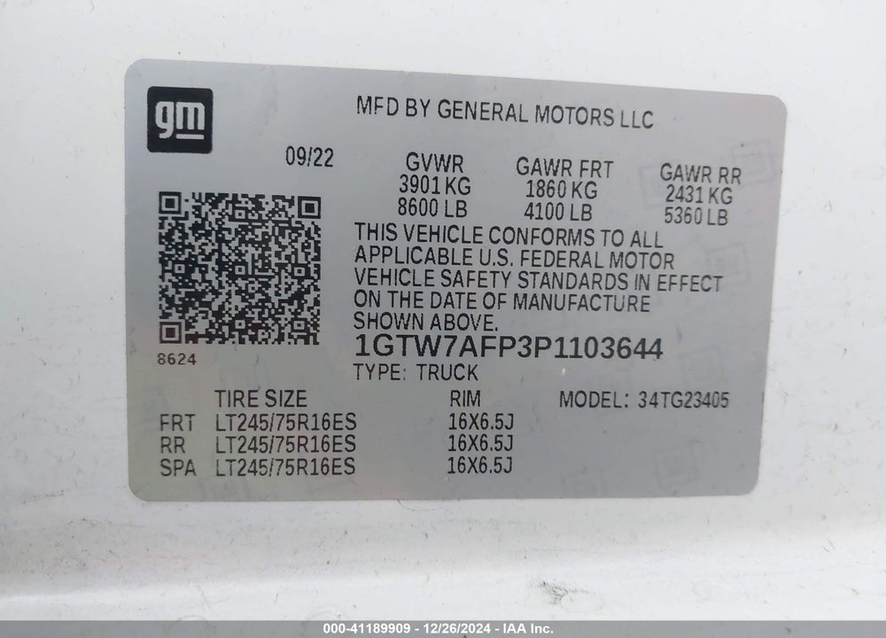 2023 GMC SAVANA CARGO RWD 2500 REGULAR WHEELBASE WORK VAN VIN: 1GTW7AFP3P1103644
