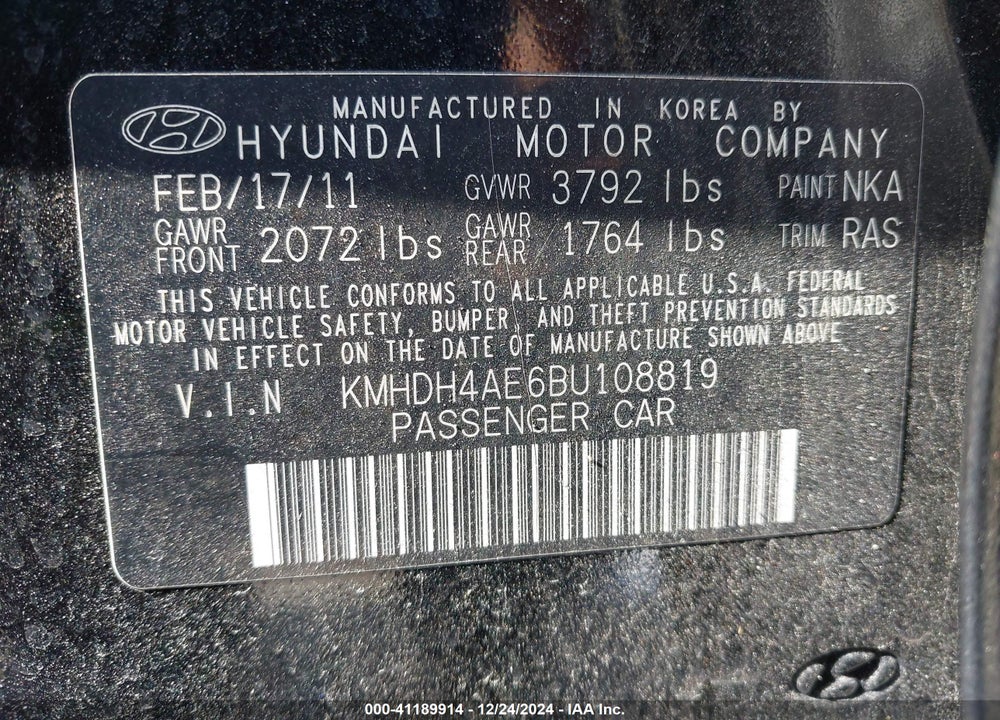 2011 HYUNDAI ELANTRA GLS (ULSAN PLANT) VIN: KMHDH4AE6BU108819