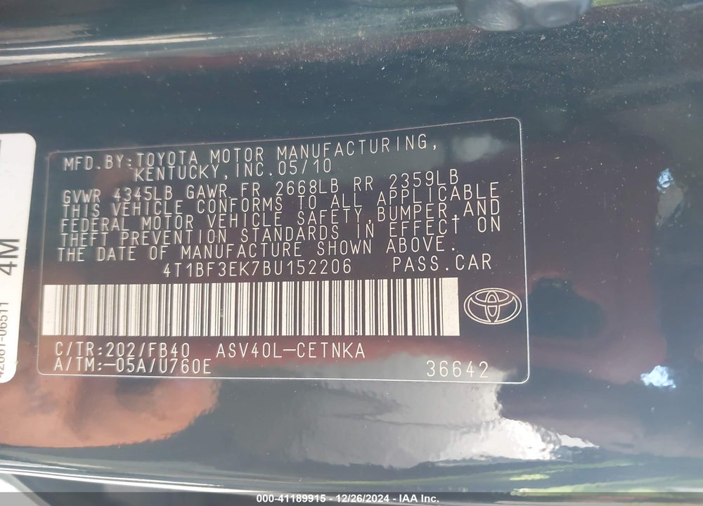 2011 TOYOTA CAMRY VIN: 4T1BF3EK7BU152206