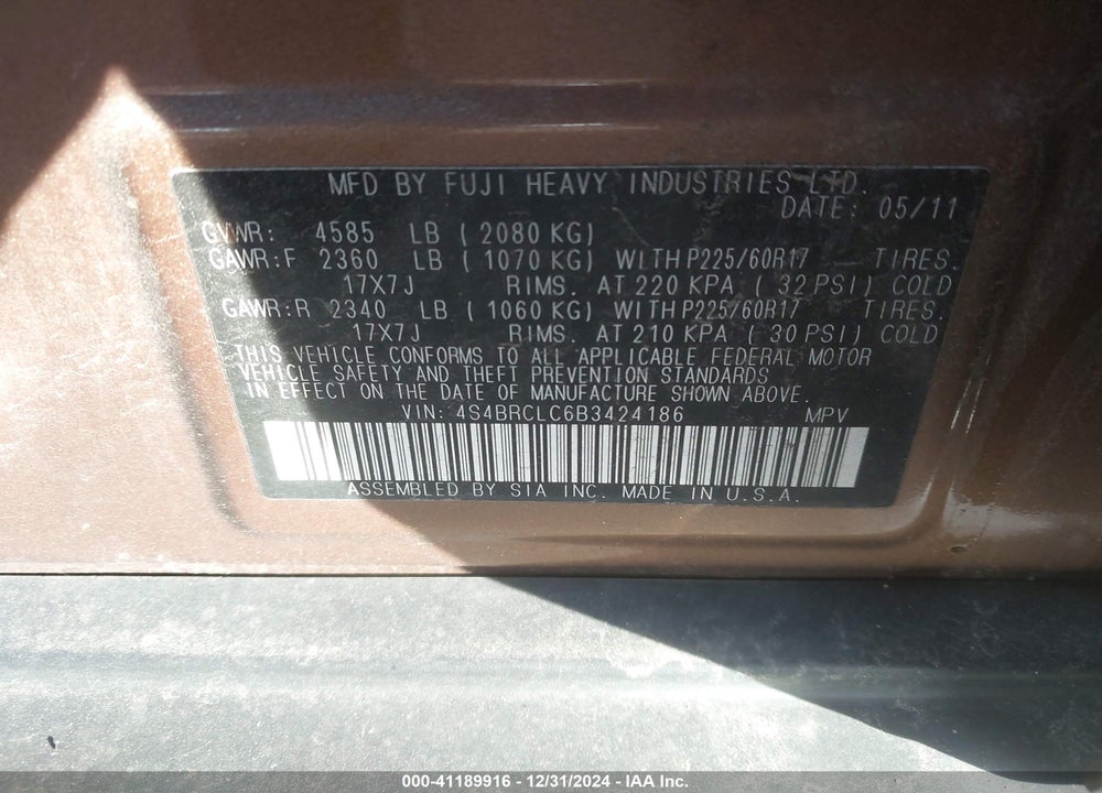 2011 SUBARU OUTBACK 2.5I LIMITED VIN: 4S4BRCLC6B3424186