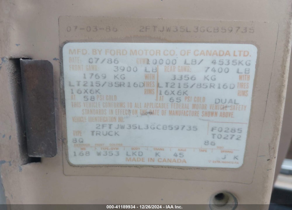 1986 FORD F350 VIN: 2FTJW35L3GCB59735