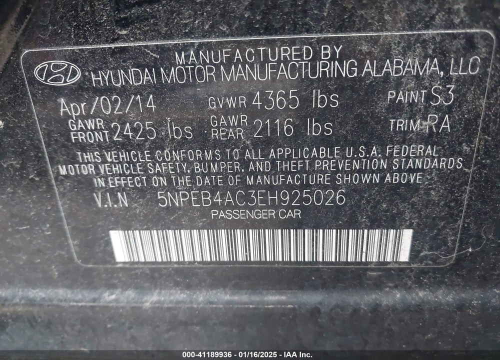 2014 HYUNDAI SONATA GLS VIN: 5NPEB4AC3EH925026