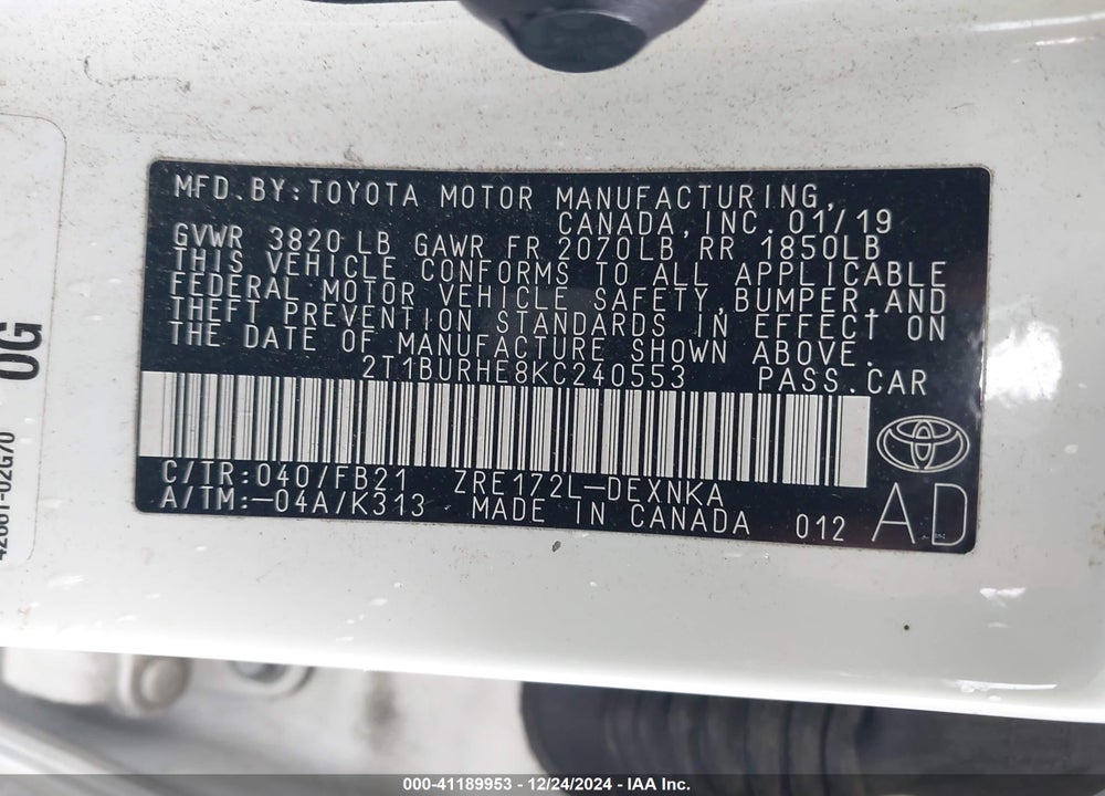 2019 TOYOTA COROLLA VIN: 2T1BURHE8KC240553