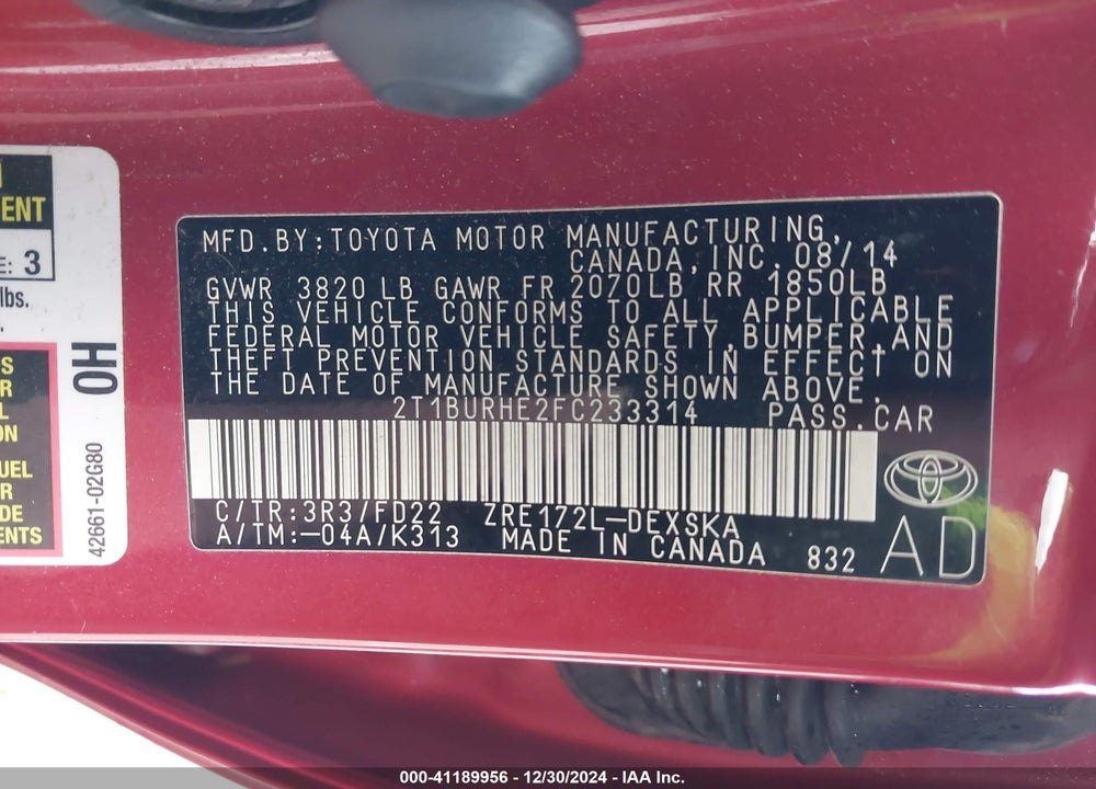 2015 TOYOTA COROLLA VIN: 2T1BURHE2FC233314
