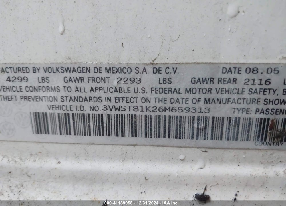 2006 VOLKSWAGEN JETTA TDI VIN: 3VWST81K26M659313