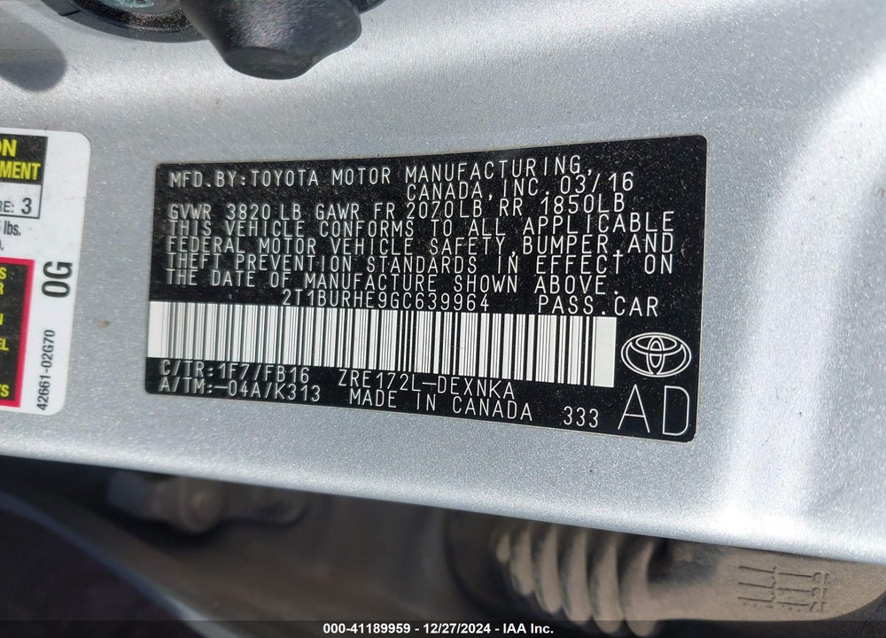 2016 TOYOTA COROLLA LE VIN: 2T1BURHE9GC639964