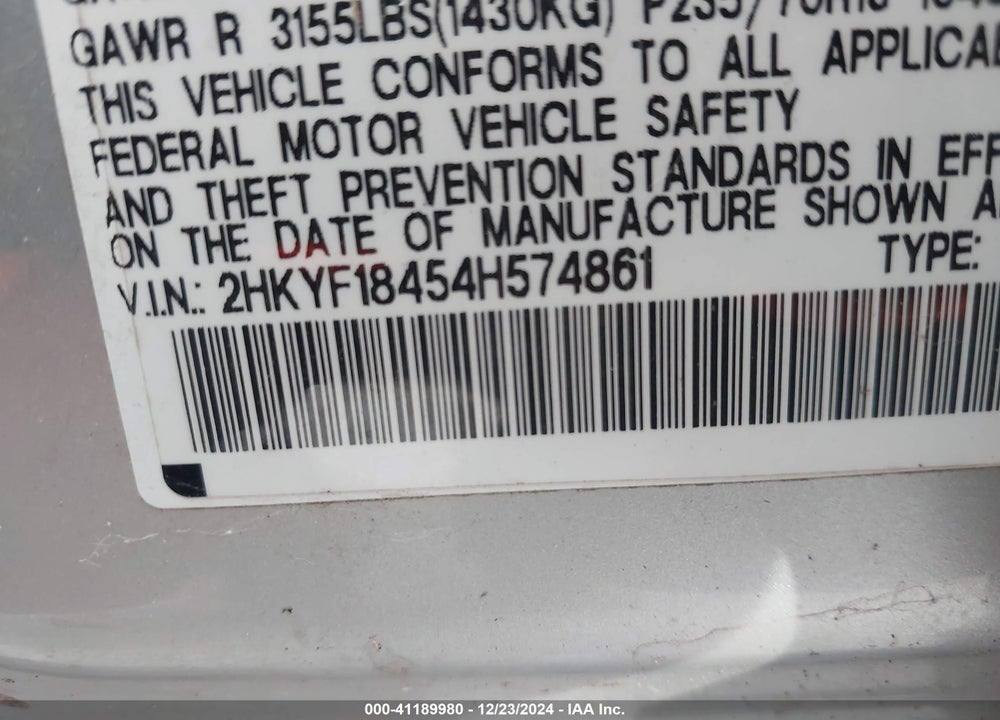 2004 HONDA PILOT EX VIN: 2HKYF18454H574861