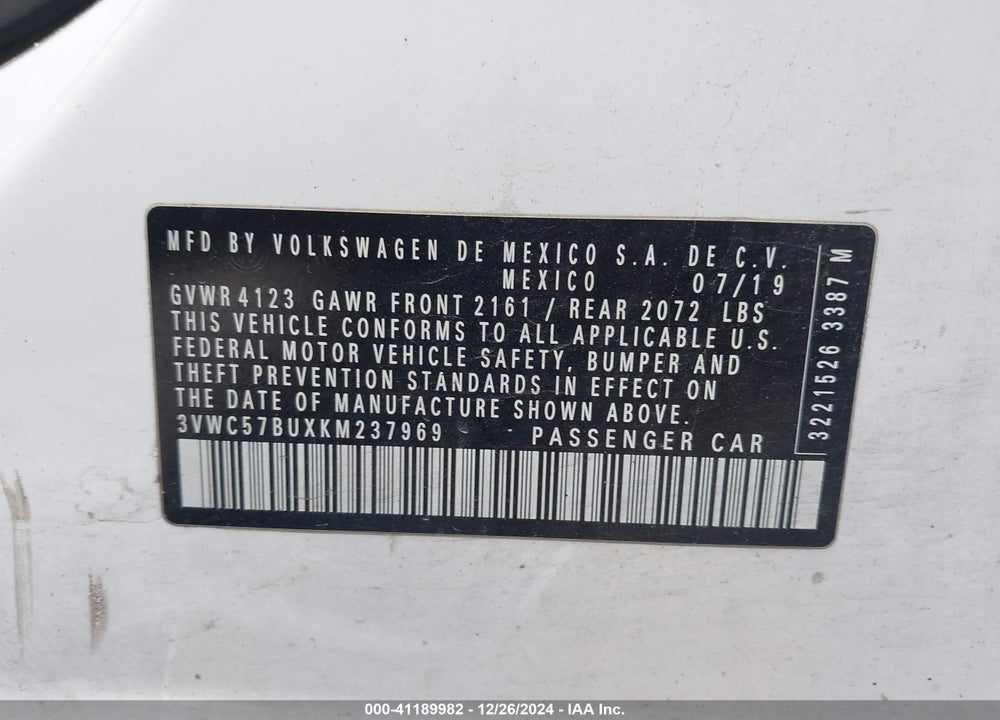 2019 VOLKSWAGEN JETTA VIN: 3VWC57BUXKM237969