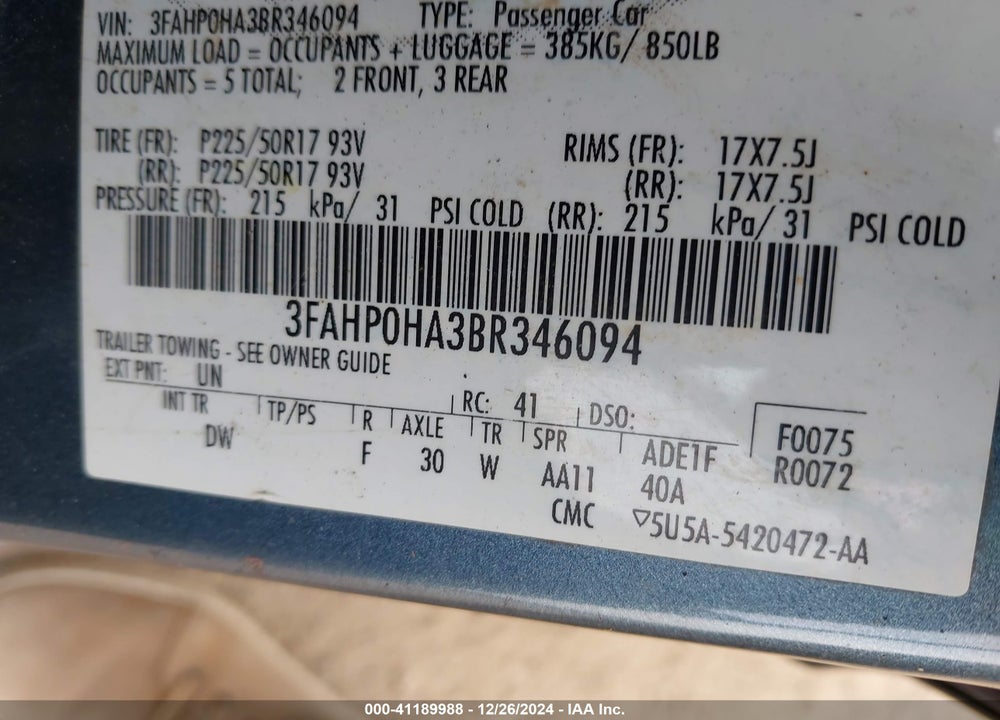 2011 FORD FUSION VIN: 3FAHP0HA3BR346094