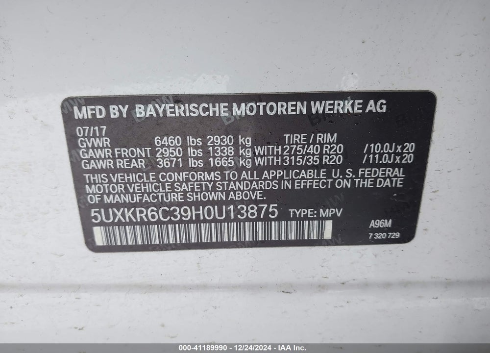 2017 BMW X5 XDRIVE50I VIN: 5UXKR6C39H0U13875
