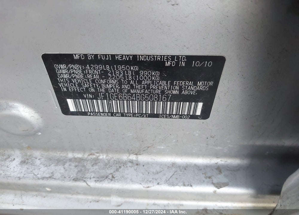 2011 SUBARU IMPREZA 2.5I PREMIUM VIN: JF1GE6B64BG508167