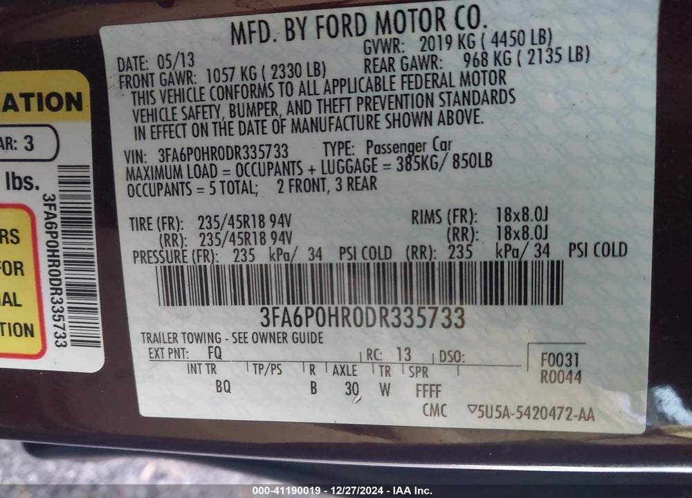 2013 FORD FUSION SE VIN: 3FA6P0HR0DR335733