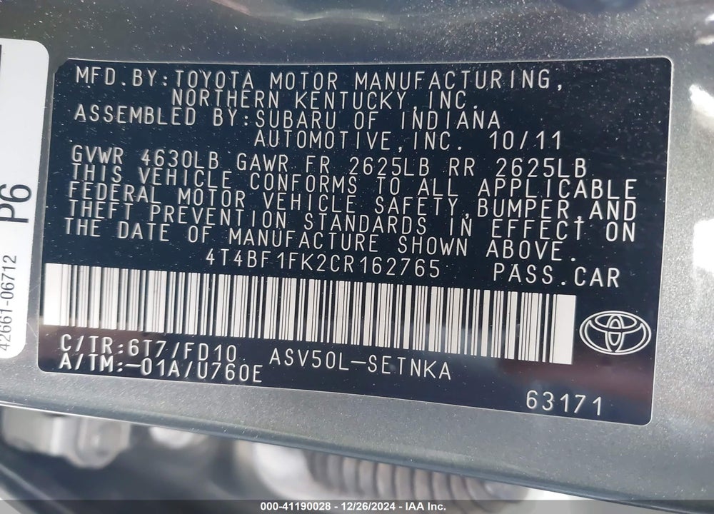 2012 TOYOTA CAMRY LE VIN: 4T4BF1FK2CR162765