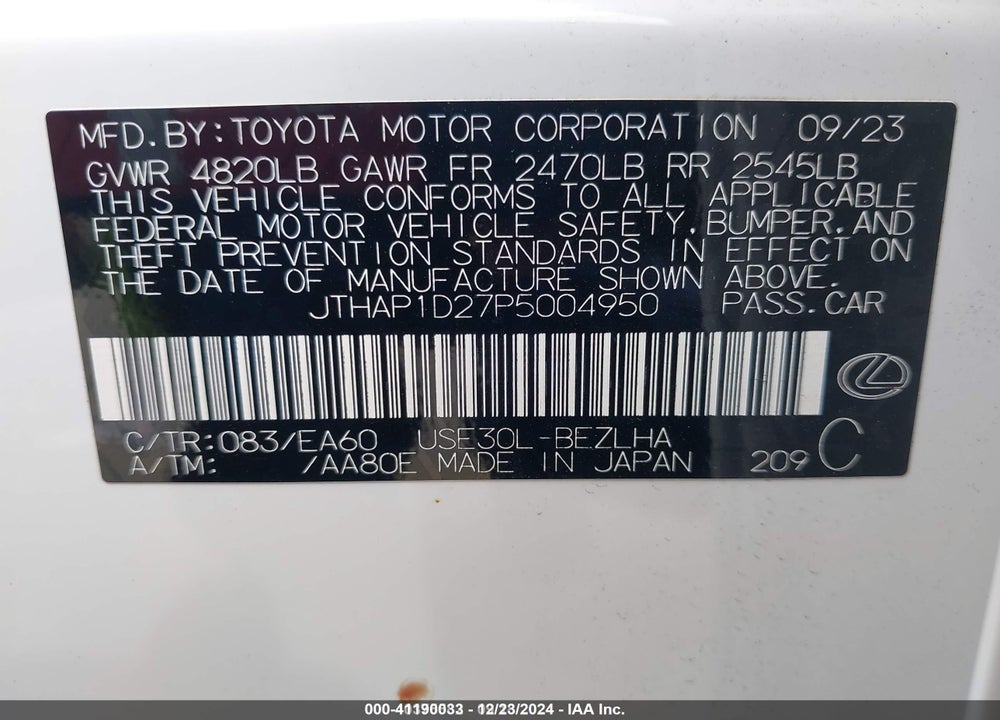2023 LEXUS IS 500 F SPORT PERFORMANCE PREMIUM VIN: JTHAP1D27P5004950