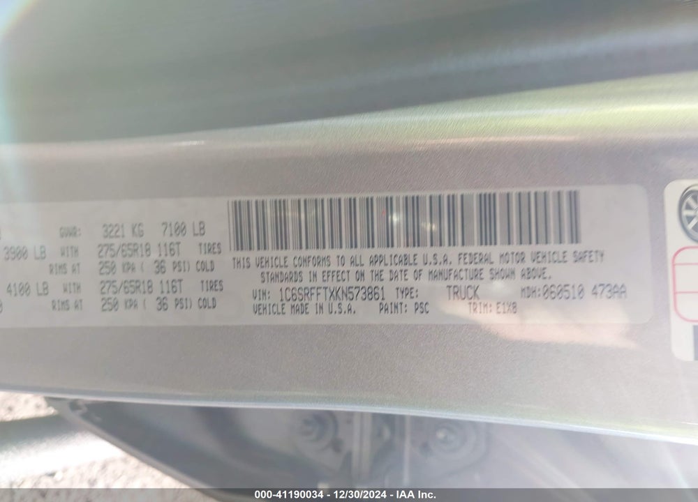 2019 RAM 1500 VIN: 1C6SRFFTXKN573861