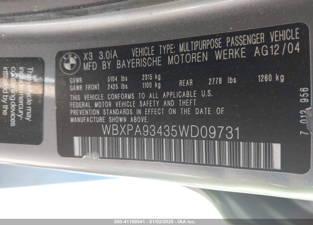 2005 BMW X3 3.0I VIN: WBXPA93435WD09731