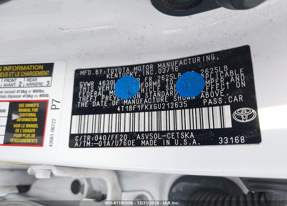 2016 TOYOTA CAMRY SE VIN: 4T1BF1FKXGU212635