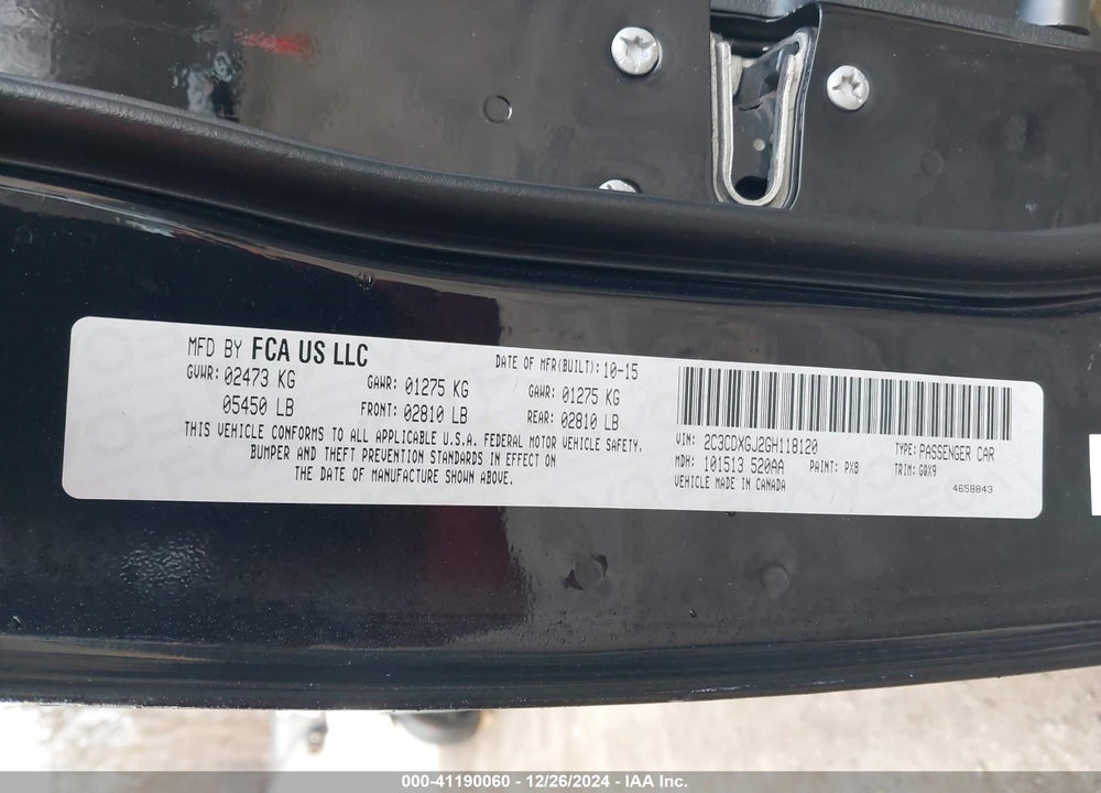 2016 DODGE CHARGER VIN: 2C3CDXGJ2GH118120