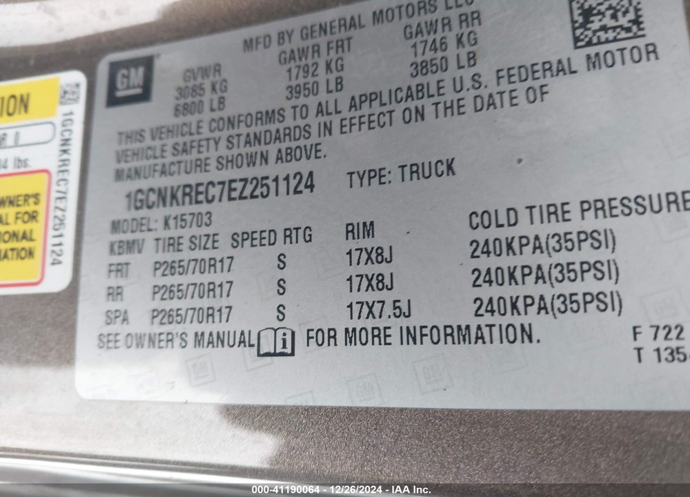 2014 CHEVROLET SILVERADO 1500 1LT VIN: 1GCNKREC7EZ251124