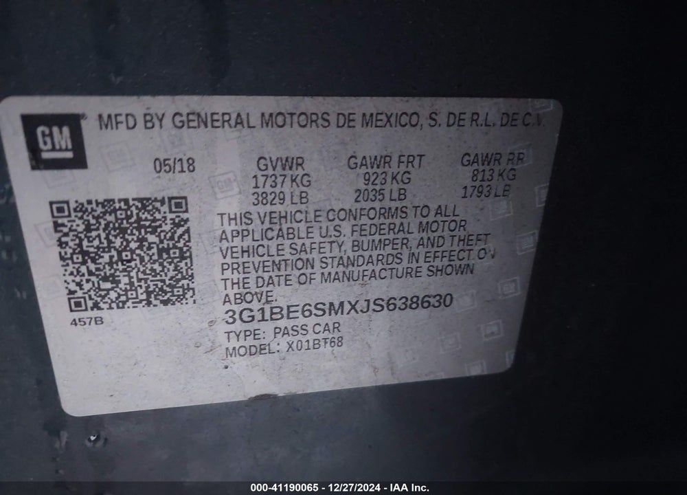 2018 CHEVROLET CRUZE VIN: 3G1BE6SMXJS638630