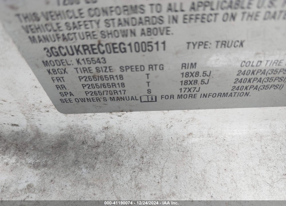 2014 CHEVROLET SILVERADO VIN: 3GCUKREC0EG100511