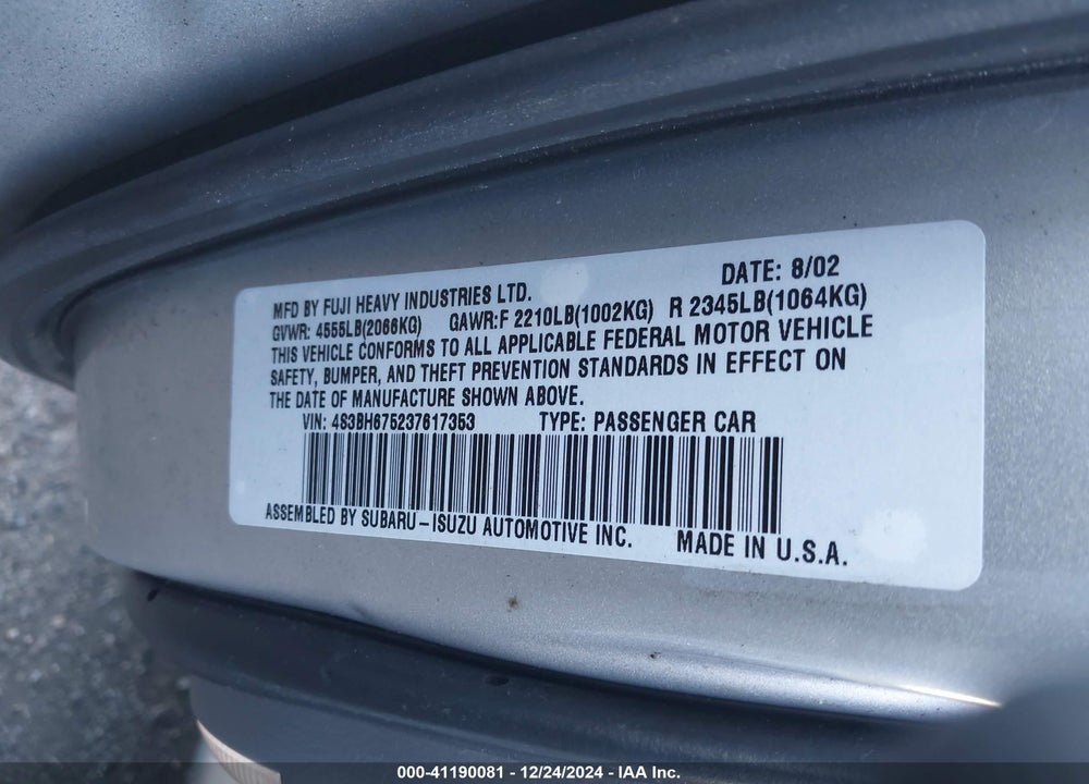 2003 SUBARU OUTBACK VIN: 4S3BH675237617353