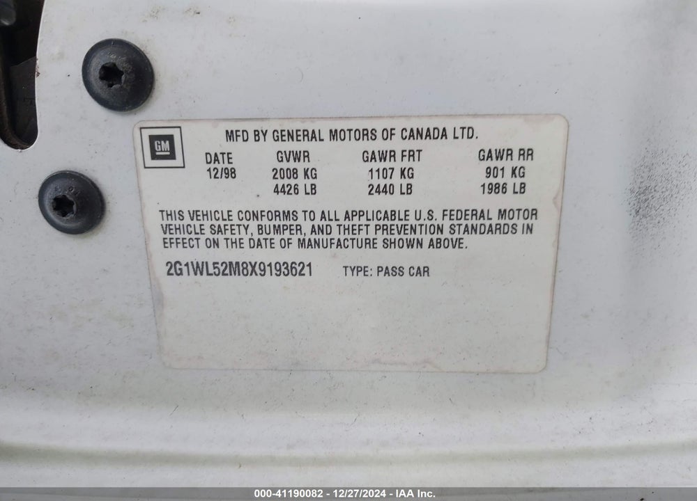 1999 CHEVROLET LUMINA VIN: 2G1WL52M8X9193621