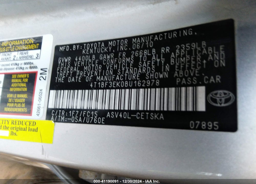2011 TOYOTA CAMRY VIN: 4T1BF3EK0BU162978