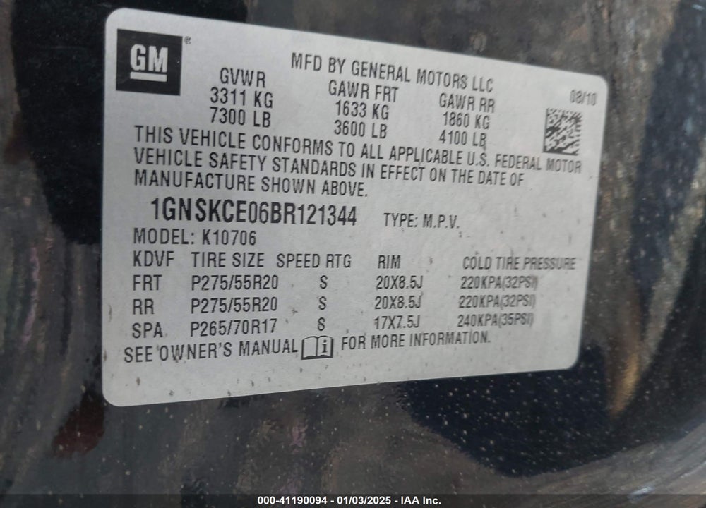 2011 CHEVROLET TAHOE LTZ VIN: 1GNSKCE06BR121344