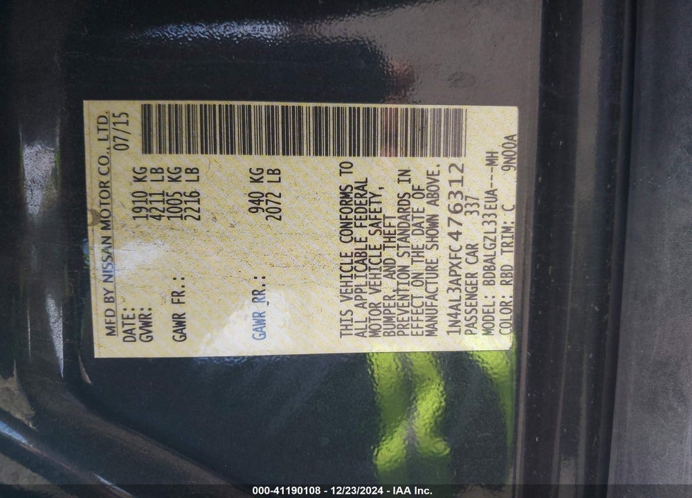 2015 NISSAN ALTIMA VIN: 1N4AL3APXFC476312