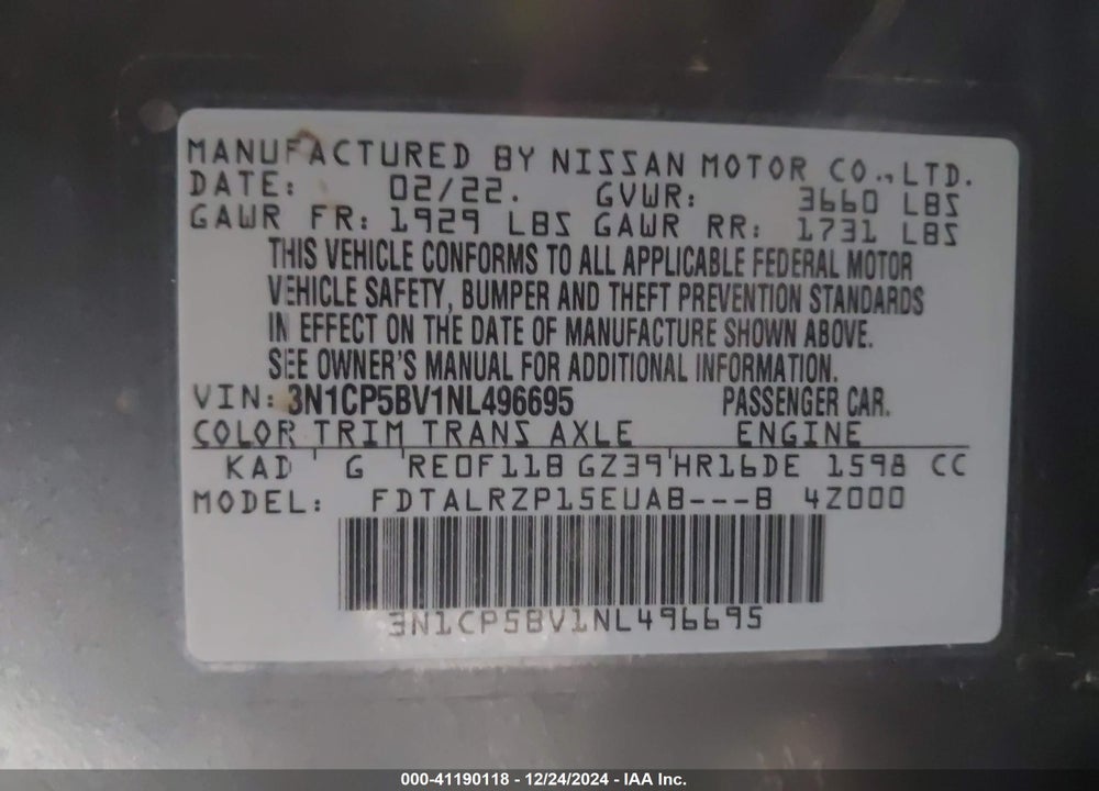 2022 NISSAN KICKS VIN: 3N1CP5BV1NL496695