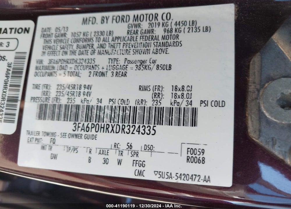 2013 FORD FUSION SE VIN: 3FA6P0HRXDR324335