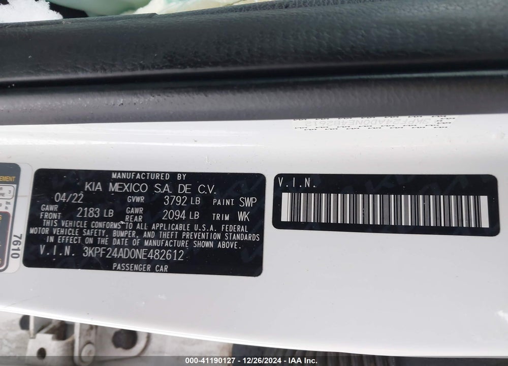 2022 KIA FORTE VIN: 3KPF24AD0NE482612