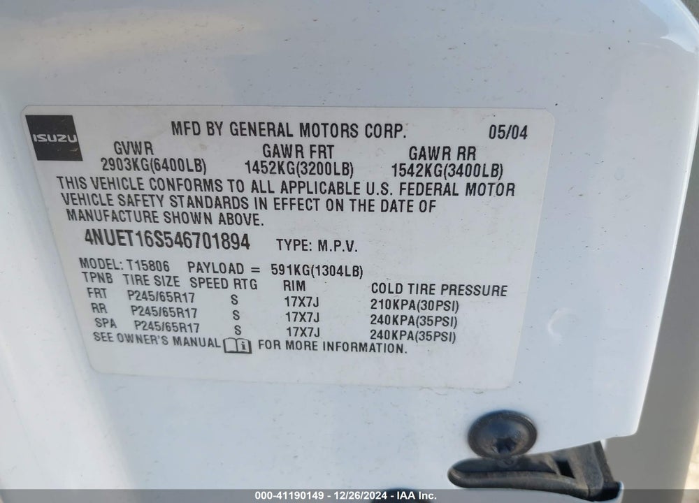2004 ISUZU ASCENDER S VIN: 4NUET16S546701894