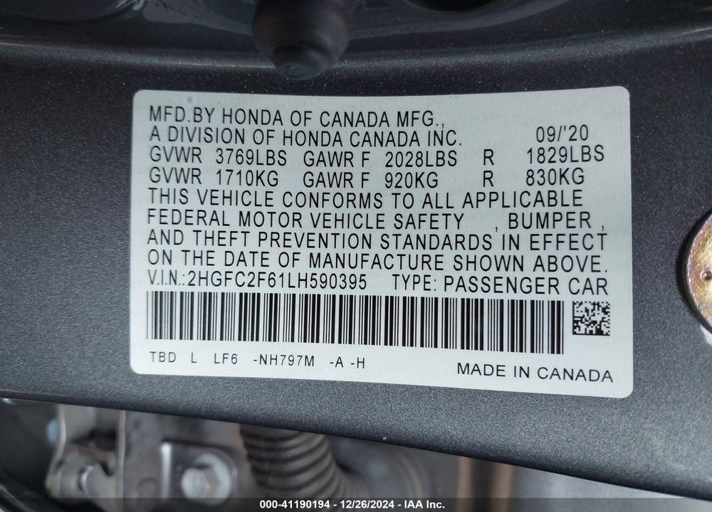 2020 HONDA CIVIC VIN: 2HGFC2F61LH590395