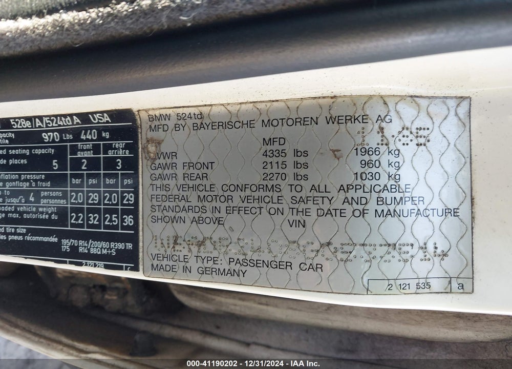 1986 BMW 524 TD AUTOMATIC VIN: WBADB2408G0533514
