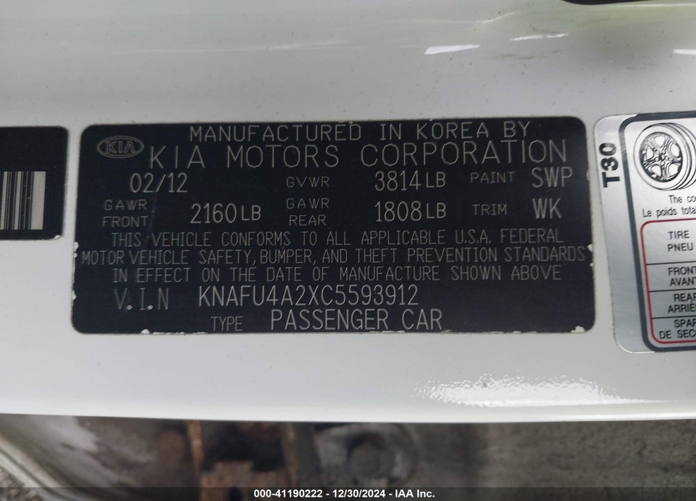 2012 KIA FORTE EX VIN: KNAFU4A2XC5593912