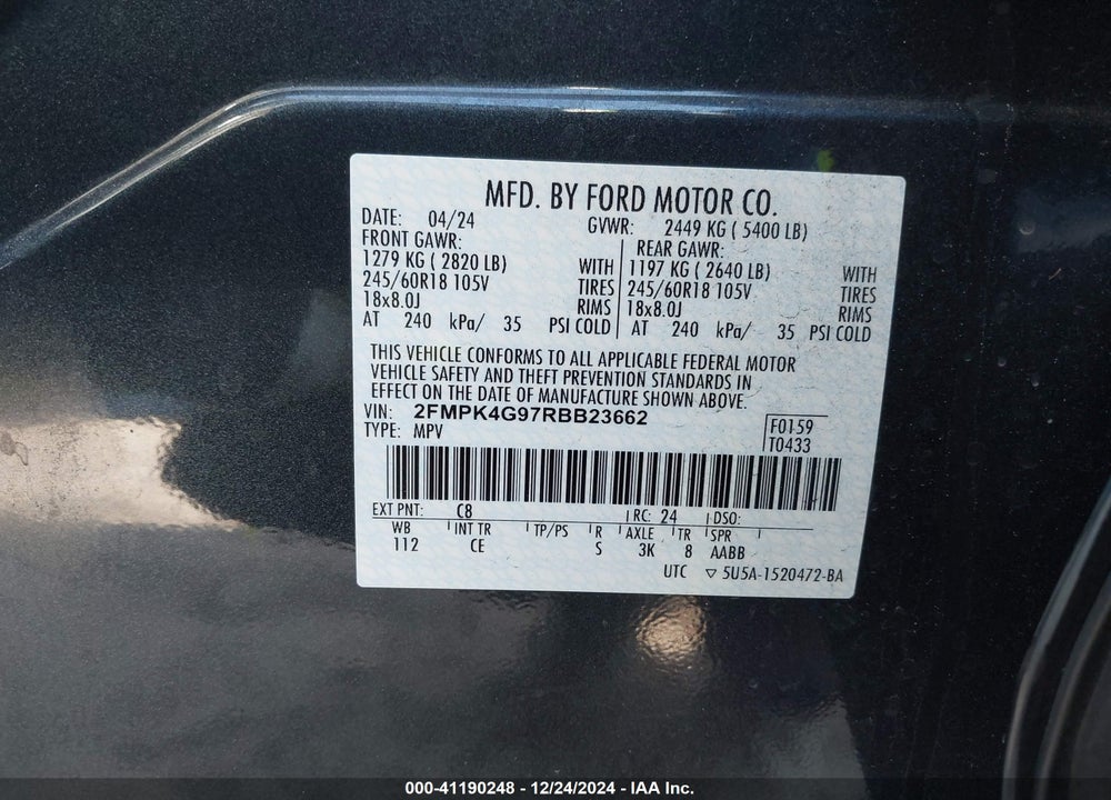 2024 FORD EDGE SE VIN: 2FMPK4G97RBB23662