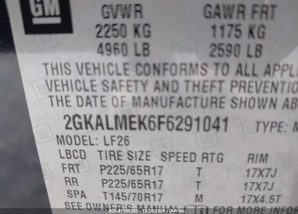 2015 GMC TERRAIN VIN: 2GKALMEK6F6291041
