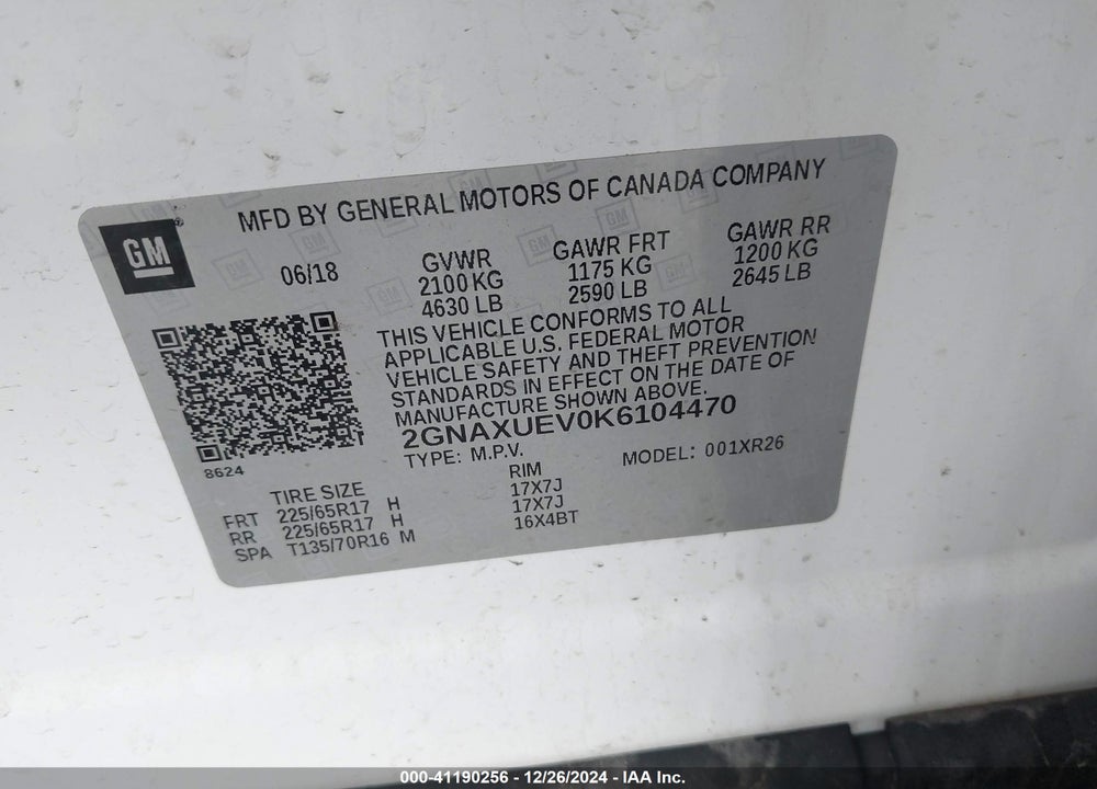 2019 CHEVROLET EQUINOX LT VIN: 2GNAXUEV0K6104470