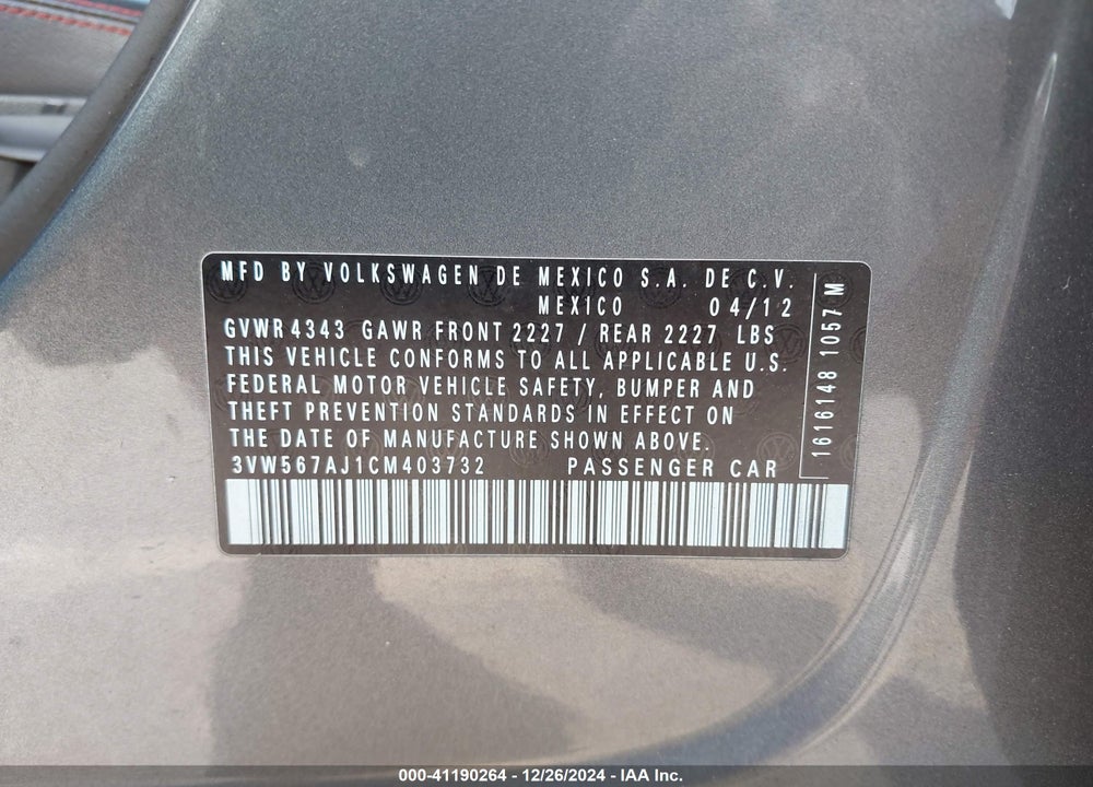 2012 VOLKSWAGEN JETTA GLI VIN: 3VW567AJ1CM403732