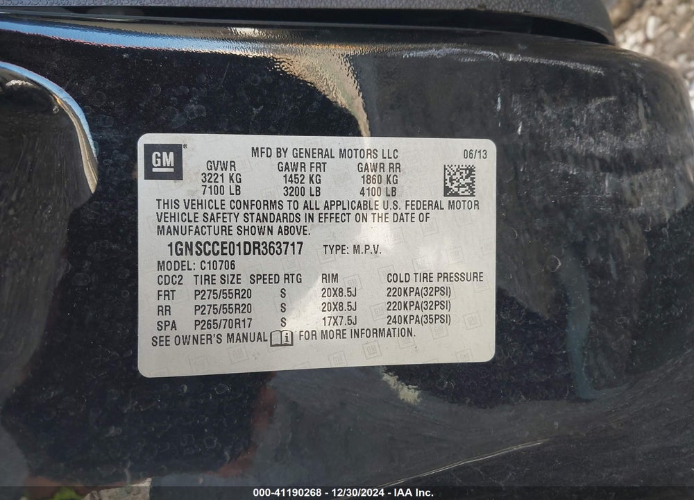 2013 CHEVROLET TAHOE LTZ VIN: 1GNSCCE01DR363717