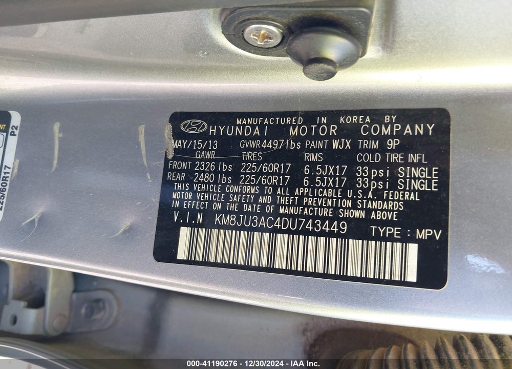 2013 HYUNDAI TUCSON GLS VIN: KM8JU3AC4DU743449